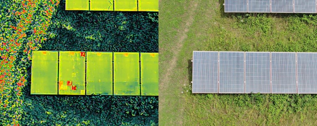 Bild von mehreren Solarmodulen, links durch die Sicht einer Wärmebildkamera an einer Drohne und recht mit einer Normalen Kamera. Die Wärmebildkamera zeigt mögliche Fehler, welche mit bloßem Auge nicht zu erkennen sind.